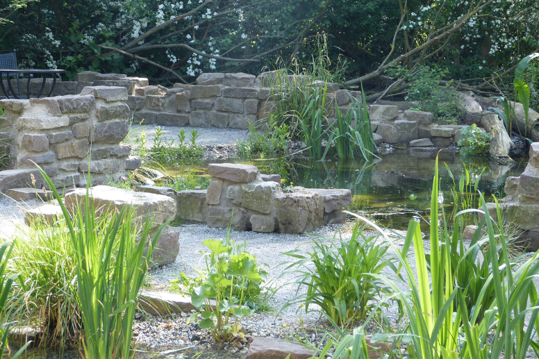 Wassergarten mit grüner Vegetation und Gemäuer